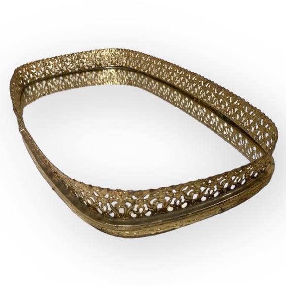 Vintage Ornate Brass Perfume Jewelry Mirrored Vanity Tray / 14X8 /Free Shipping - Picture 2 of 4